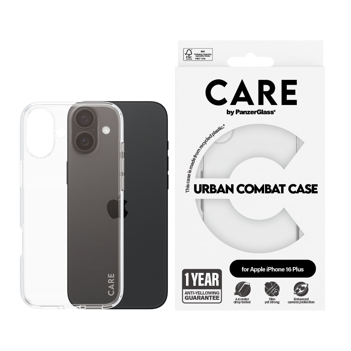 CARE by PanzerGlass® Flagship Case Transparent Urban Combat m. Klarer Rahmen iPhone 16 Plus